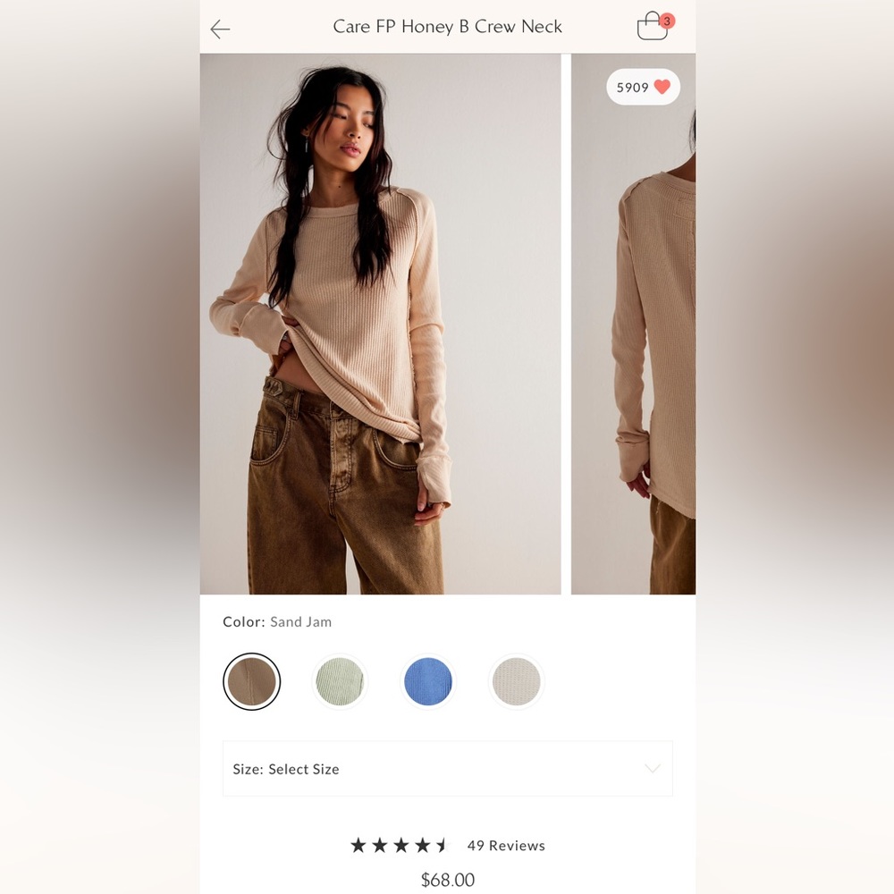 Free People Care FP Honey B Crew Neck Thermal Shirt - NEW WITH TAGS